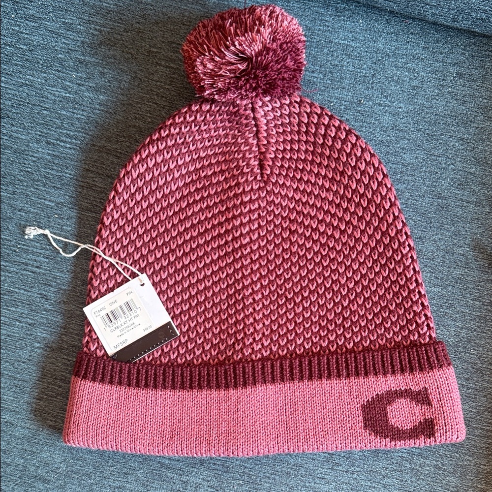Coach Pink and Burgundy Knit Beanie with Pom Pom